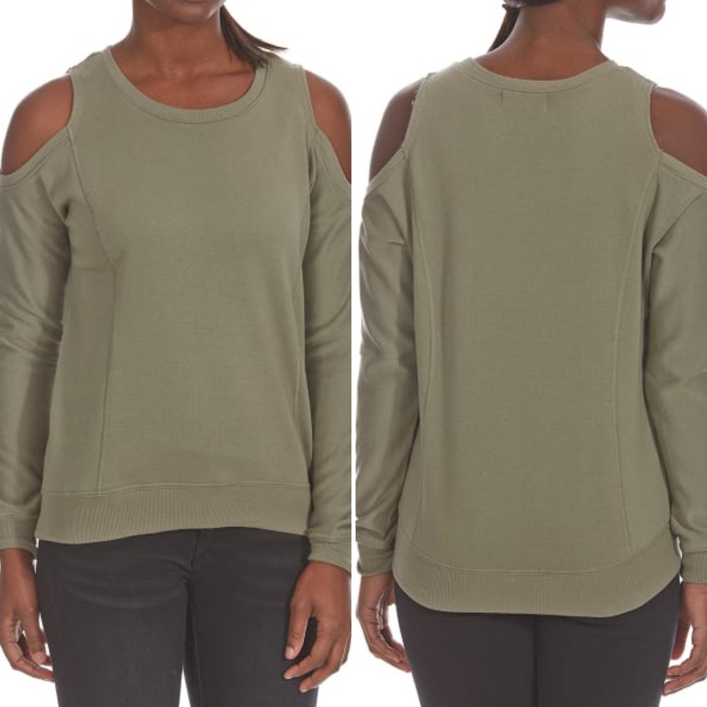 Ultra Flirt Green Cold-Shoulder French Terry Long-Sleeve Pullover Size S